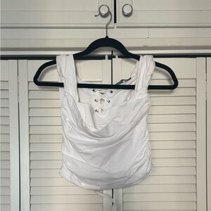 Akira White Ruched Tank Top with Cowl Neck,  Lace-Up Back, and Hood